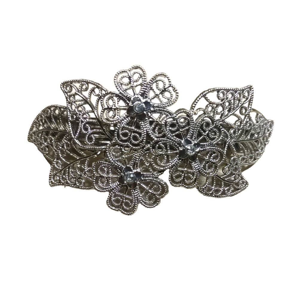 Silver Tone Floral Hair Barrette Tension Clip Rhinestone Garden Fairy Delight